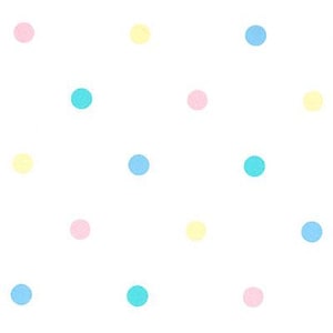 May include: White background with a pattern of evenly spaced, pastel-colored polka dots. The dots are in shades of pink, yellow, light blue, and teal. The overall design is simple and playful.