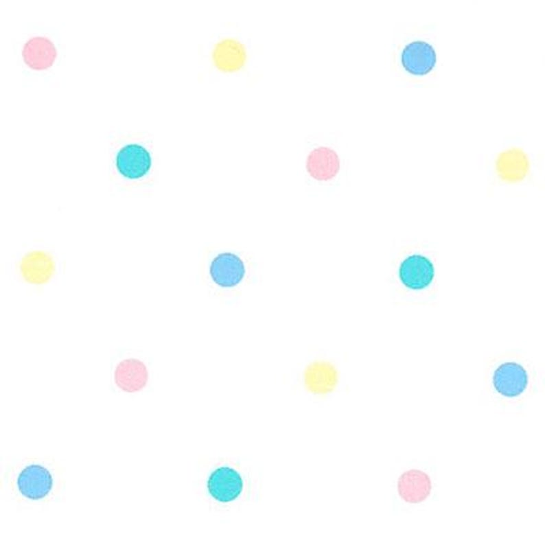 May include: White background with a pattern of evenly spaced, pastel-colored polka dots. The dots are in shades of pink, yellow, light blue, and teal. The overall design is simple and playful.