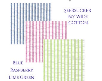 Gestreifter Seersucker Stoff: Lime Grün, Himbeere, Blau, Lila - 100% Baumwolle 60 "Breit