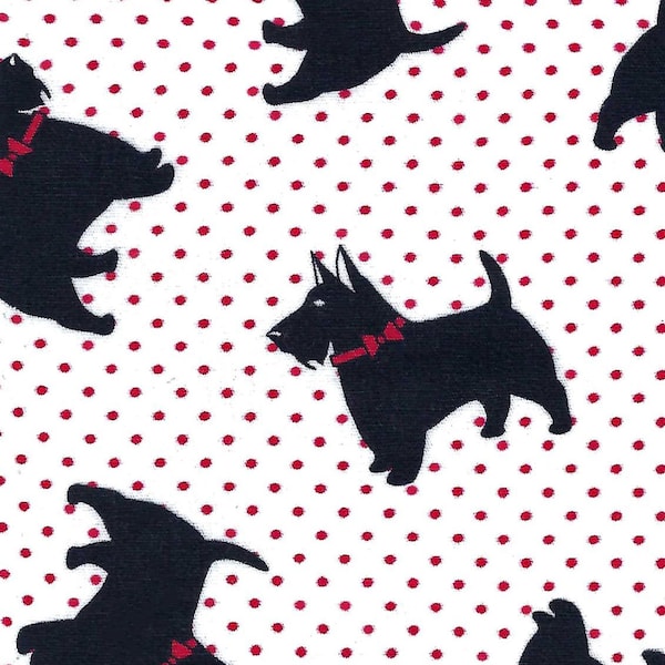 Scotty Dog Fabric. Red and White Polka dot. Christmas Holiday Fabric. 100% cotton 60” wide. Perfect fabric for shirts, dresses and more.