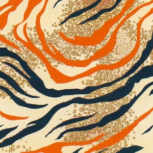 May include: Abstract pattern with orange and blue stripes on a cream background. The pattern resembles a tiger stripe with a speckled texture.