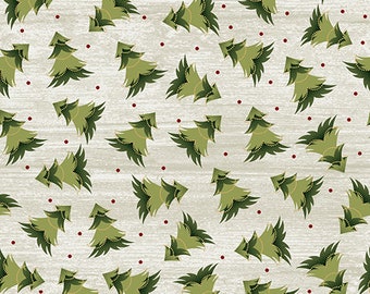 Green Christmas Trees. Festive Tree White Wash by Painted Sky Studio, Rustic Village Christmas, Fabric by the Yard