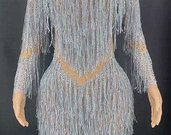 Electric Purple Fringe Beaded Mini Dress // Neon Blue & Iridescent ...