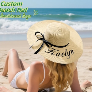 Custom Bride Sun Hat with Embroidered Name, Bridesmaid Gifts, Summer Beach Straw Hat, Bachelorette Beach Hat, White Floppy Hat for Honeymoon