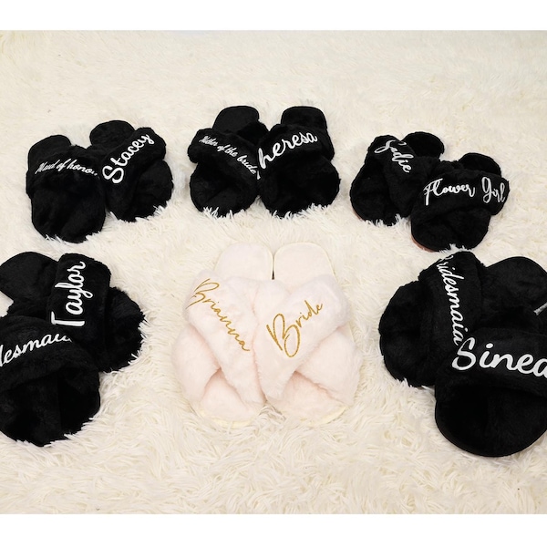 Custom Fluffy Bride Slippers, Fluffy Cross Slippers,bride Slippers, Bride To Be Gift, Bridesmaid Gift, Bachelorette Party, Fluffy Slippers