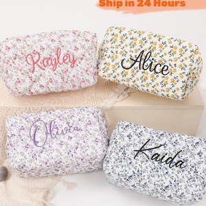Trousse de maquillage de demoiselle d'honneur personnalisée avec nom brodé, trousse à maquillage fleurs pour fille, anniversaire, cadeau de mariée, organisateur de maquillage, surprise de Noël