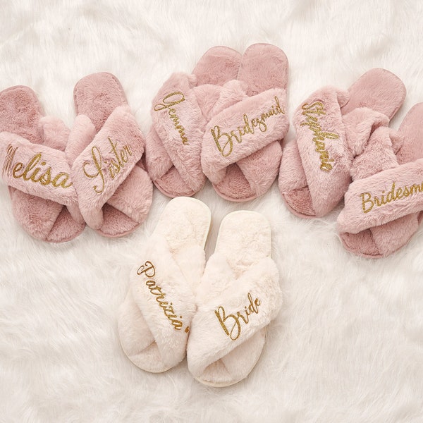 Custom Gift for Bride-Wedding Holiday Gift-Fluffy Slippers Customized-Bridal Shower Gift-Bachelorette Party Gift-Adult Personalized Slippers