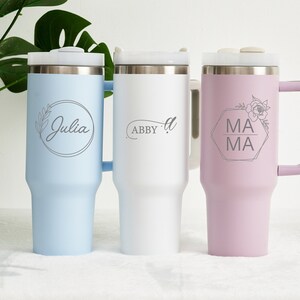 Personalized 40oz Tumbler with Handle & Straw, Bridesmaid Proposal, Corporate Employee, employee gift Custom Name Flowers initial Tumbler,