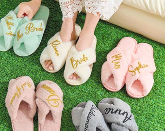 Custom Fluffy Slippers, Bridesmaid Slipper, Bride Slippers, Bachelorette Party, Cross Slippers,Gifts for Mom,Bridal Party,Personalized Gifts