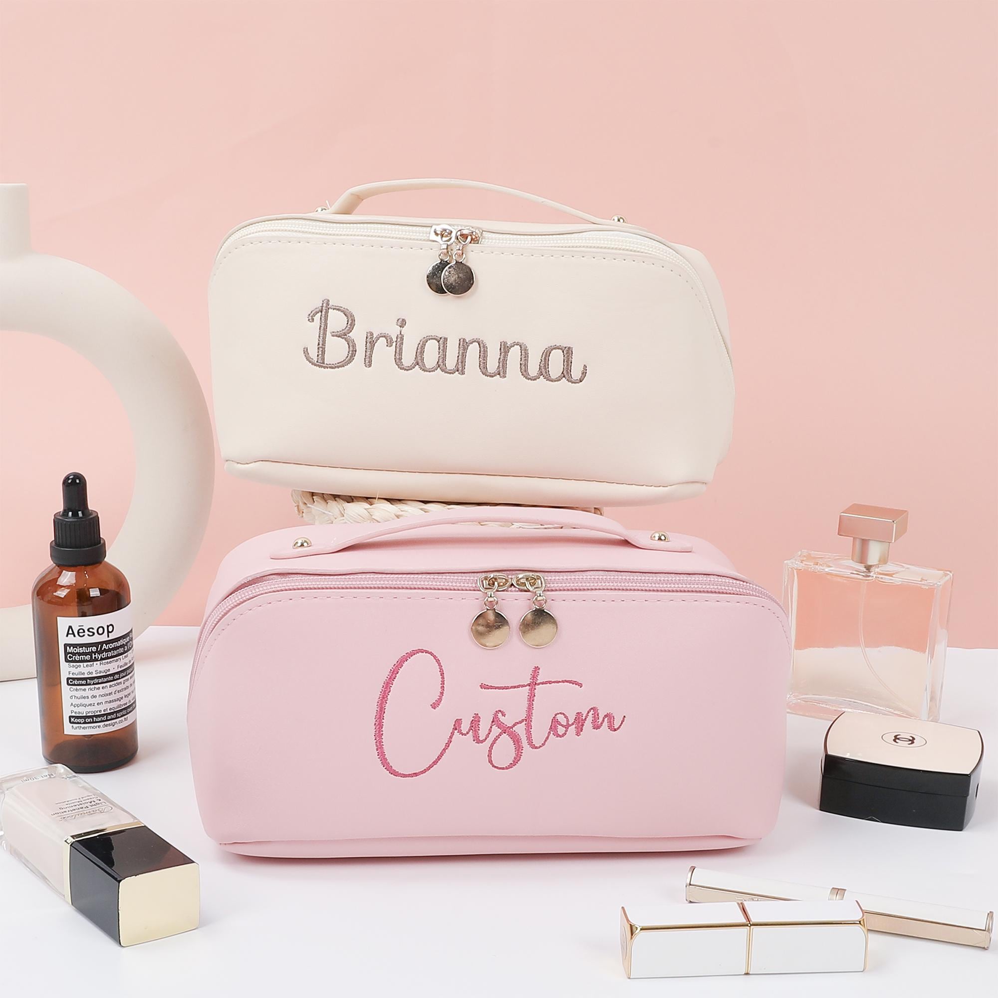 Leather Embroidered Makeup Bag with Name, Personalized Bridesmaid Gifts, Cosmetic Travel Storage Organizer, Large Cosmetic Bag, Bridal Party