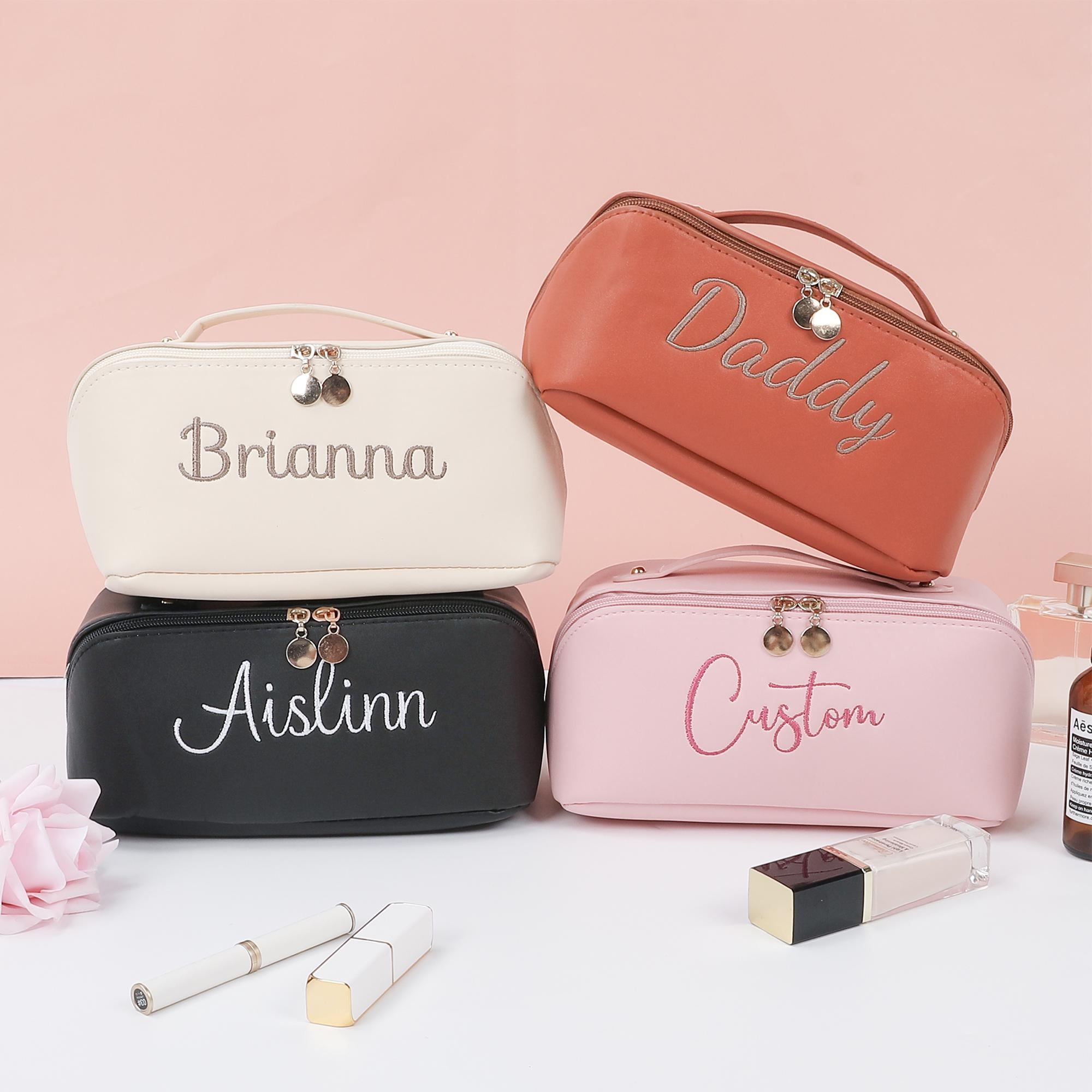 Leather Embroidered Makeup Bag with Name, Personalized Bridesmaid Gifts, Cosmetic Travel Storage Organizer, Large Cosmetic Bag, Bridal Party