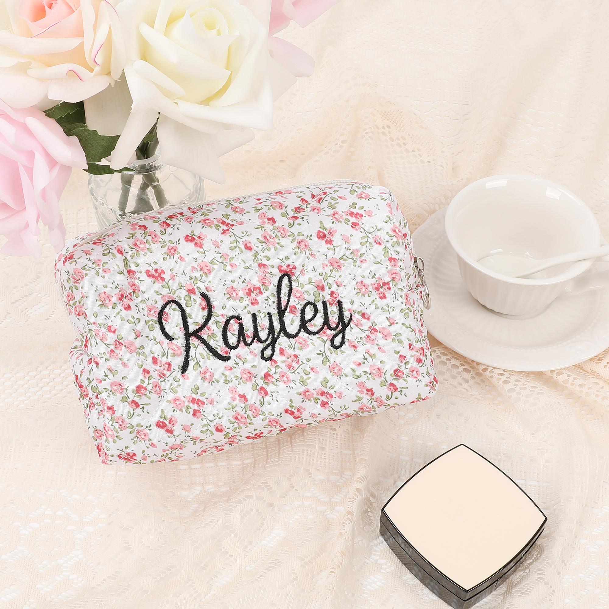 Custom Bridesmaid Makeup Bag with Embroidered Name, Flowers Cosmetic Bag for Girl,Birthday, Bridal Gift, Makeup Organizer,Christmas Surprise
