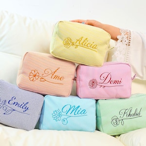 Embroidered Birth Flower Name Seersucker Makeup Bag, Personalized Bridesmaid Makeup Bag, Bridal Party Gifts, Monogramed Makeup Bag, Gifts