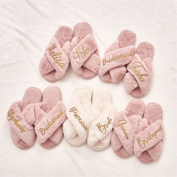 Custom Fluffy Slippers, Bridesmaid Slipper, Bachelorette Party Gifts, Personalized Gifts, Gifts for Mom, Mama Slippers, Bridal Party,