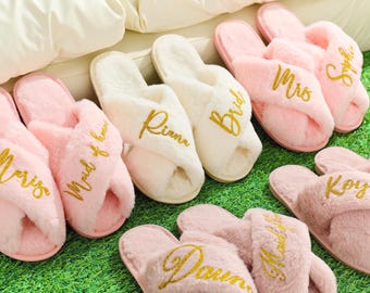 Custom Fluffy Slippers, Bride Slippers, Bridesmaid Slippers, Bride Party Gift, Christmas Party Slippers, Fluffy Cross Slippers, Slippers