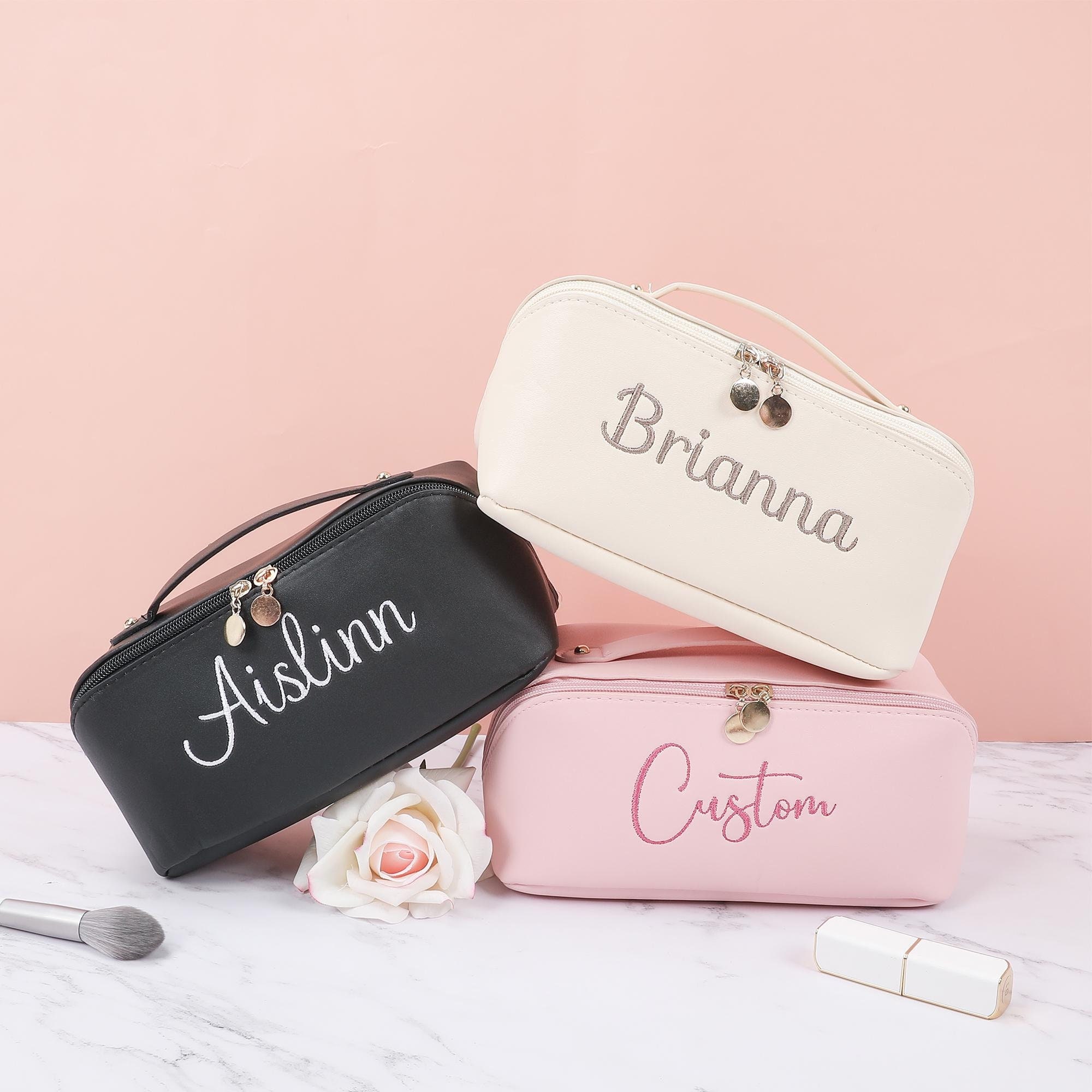 Leather Embroidered Makeup Bag with Name, Personalized Bridesmaid Gifts, Cosmetic Travel Storage Organizer, Large Cosmetic Bag, Bridal Party