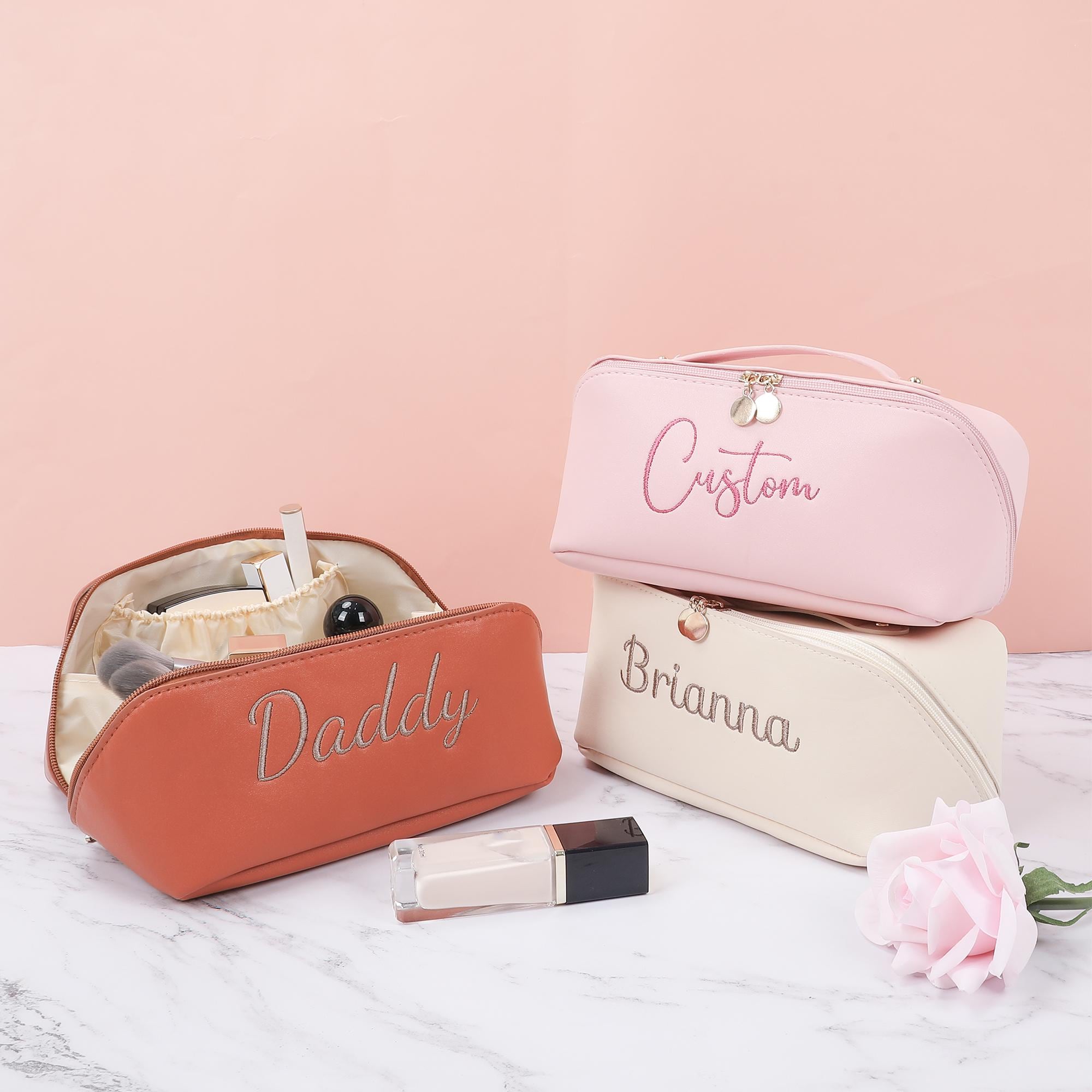 Leather Embroidered Makeup Bag with Name, Personalized Bridesmaid Gifts, Cosmetic Travel Storage Organizer, Large Cosmetic Bag, Bridal Party
