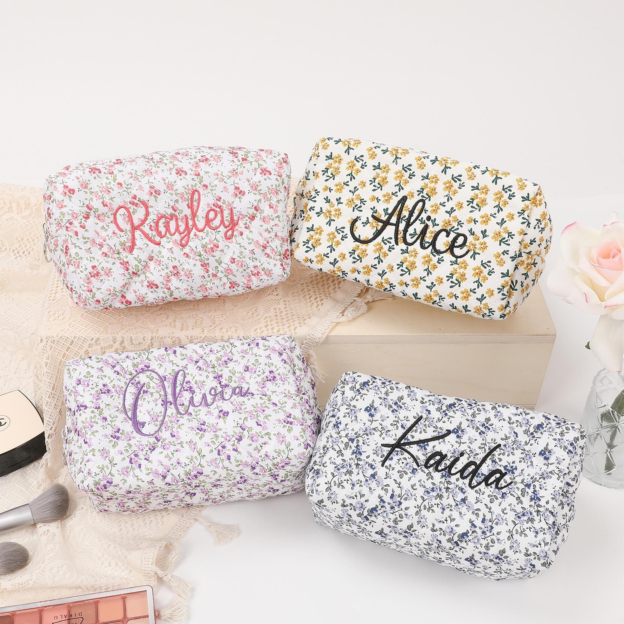 Custom Bridesmaid Makeup Bag with Embroidered Name, Flowers Cosmetic Bag for Girl,Birthday, Bridal Gift, Makeup Organizer,Christmas Surprise