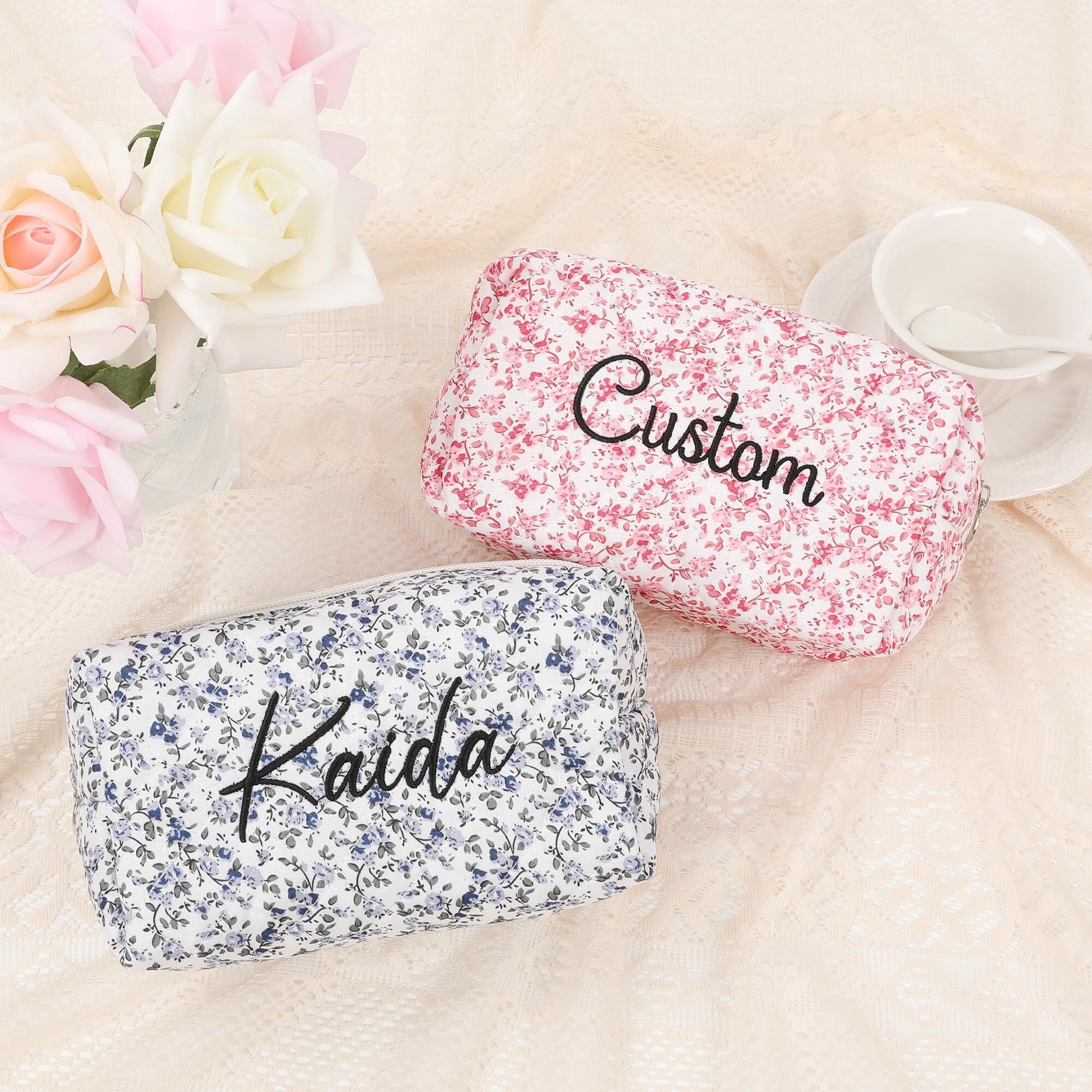 Custom Bridesmaid Makeup Bag with Embroidered Name, Flowers Cosmetic Bag for Girl,Birthday, Bridal Gift, Makeup Organizer,Christmas Surprise