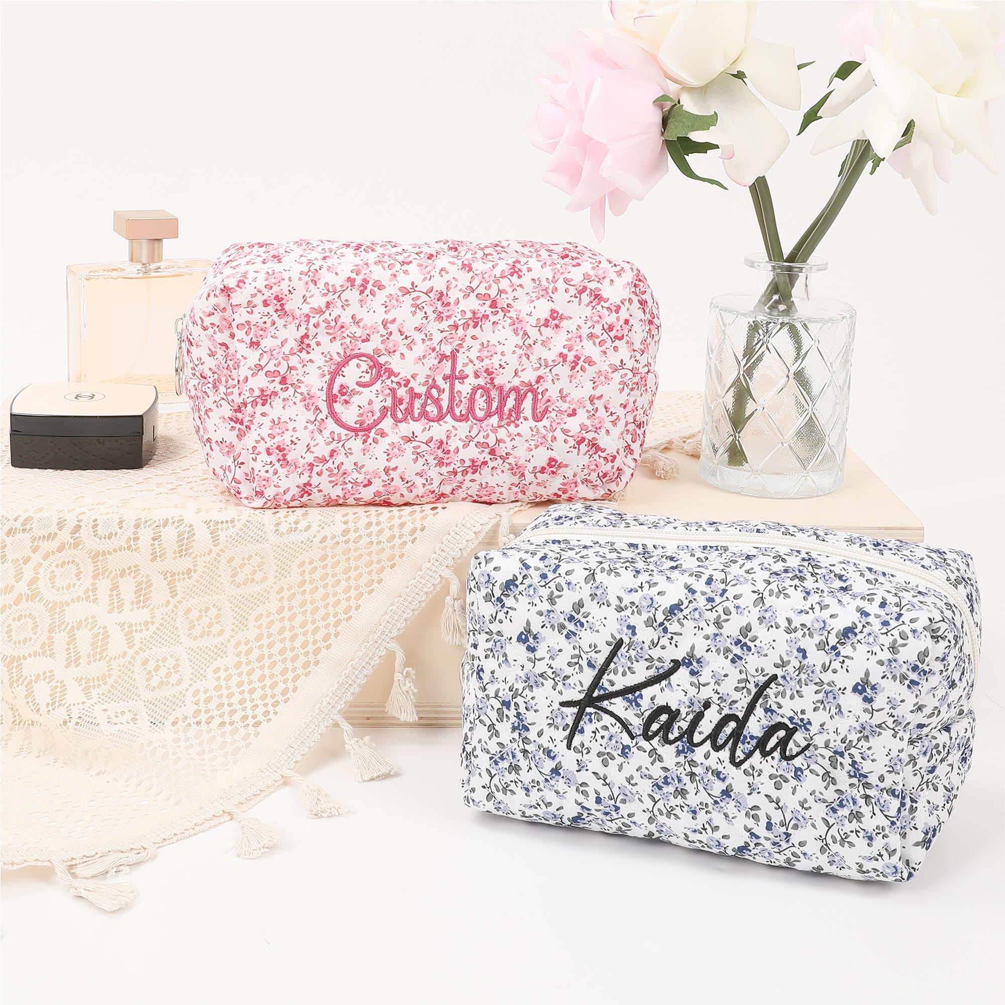 Custom Bridesmaid Makeup Bag with Embroidered Name, Flowers Cosmetic Bag for Girl,Birthday, Bridal Gift, Makeup Organizer,Christmas Surprise