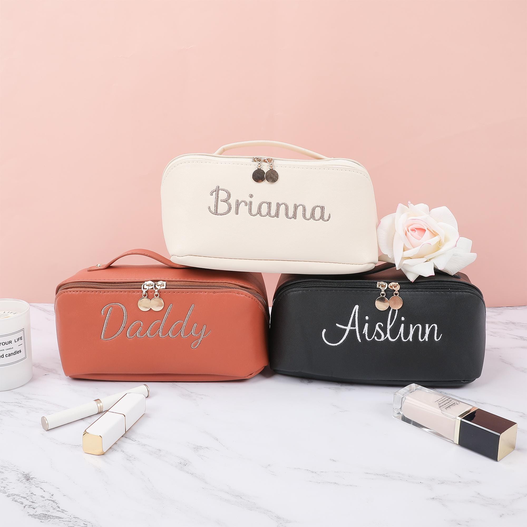 Leather Embroidered Makeup Bag with Name, Personalized Bridesmaid Gifts, Cosmetic Travel Storage Organizer, Large Cosmetic Bag, Bridal Party