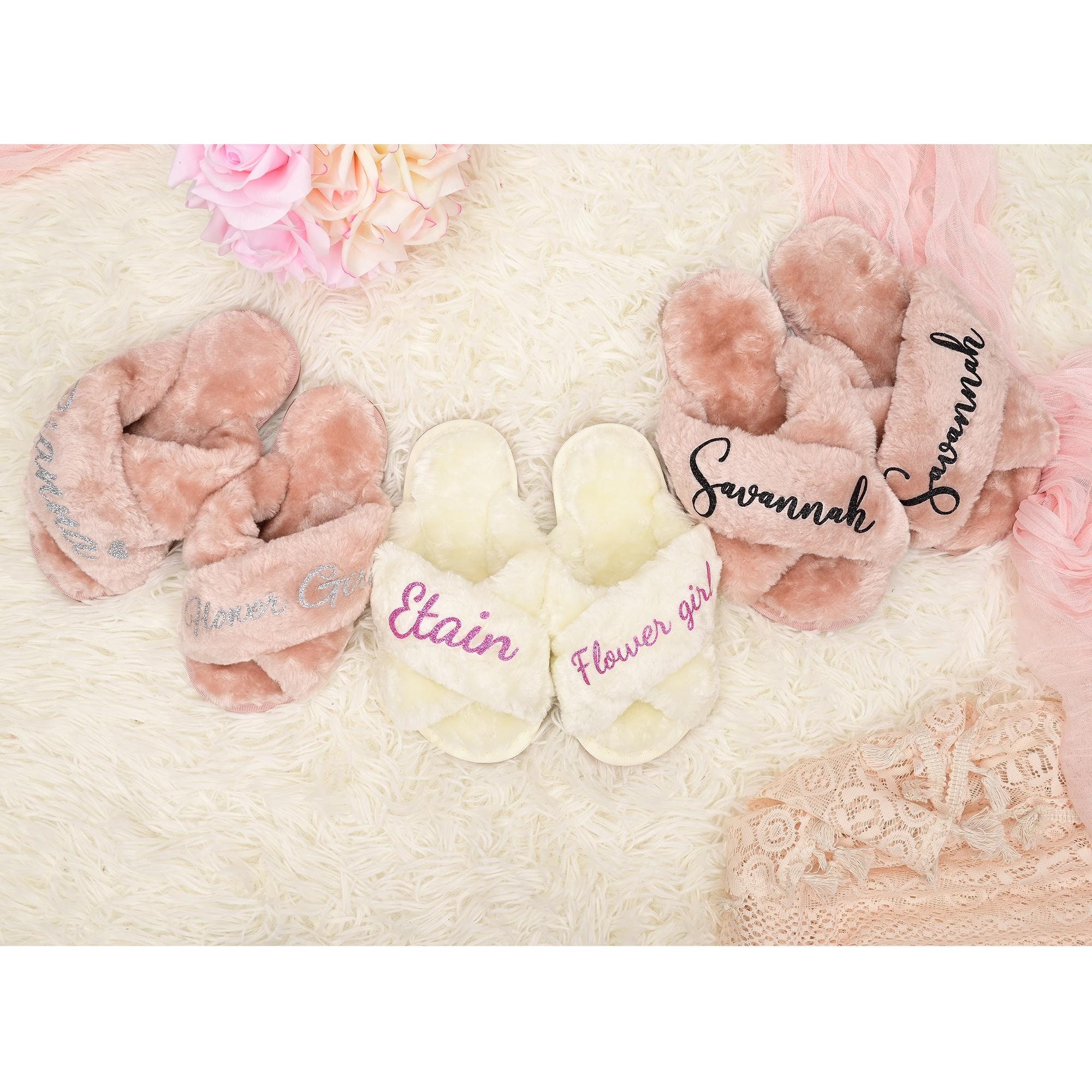Personalised Kids Slippers, Flower Girl Slippers, Wedding Fluffy Slippers,Gift for Flower Girl,Children Fluffy Slippers,Birthday Party Gifts