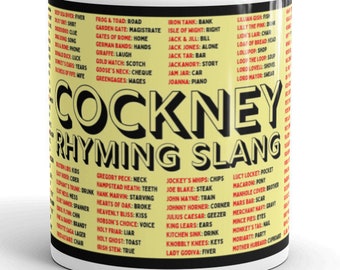 Cockney rhyming slang A-Z yellow and black printed mug