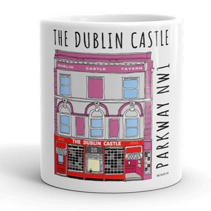 May include: White ceramic mug with a black and white illustration of a pub called "The Dublin Castle" on Parkway NW1. The pub has a red door and red awning with the name of the pub in black letters.