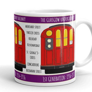 Glasgow Subway 1st Generation (1896-1977) hand drawn design mug with list of station stops
