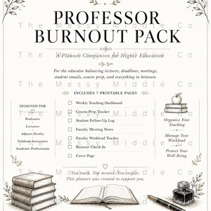 May include: A printable Professor Burnout Pack planner page featuring a graduation cap icon, a stack of books, an open book, and an inkwell with a fountain pen. The text lists seven printable pages including a Weekly Teaching Dashboard and Faculty Meeting Notes.