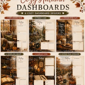 Può includere: Una collezione digitale di sei dashboard per planner a tema autunnale di The Messy Middle Co. Ogni design presenta un'illustrazione stagionale unica, inclusi angoli lettura, baite nel bosco e biblioteche, con elenchi di attività integrati.
