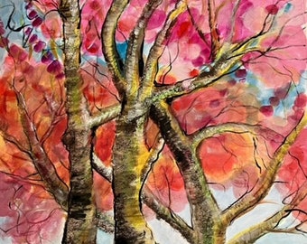 Peinture à l'huile et pastel gras sur papier - « Cherry Blossom Tree in Sunset »