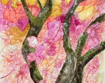 Öl- Wachs Pastellbild auf Leinwand - ""Cherry Blossom Pink Happiness"""