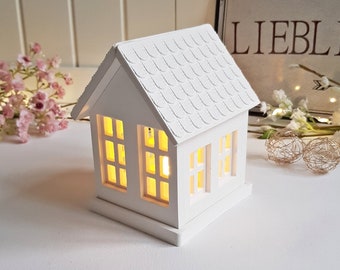 Kleines Deko Licht Haus, Windlicht, Raysin Beton Deko, Farbe weis / Wohn Deko oder Geschenkidee