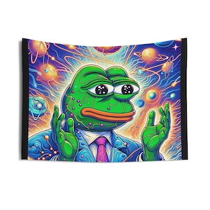 May include: A green cartoon frog wearing a blue suit and a pink tie, with a psychedelic background of swirling colors and planets. The frog has a surprised expression with wide eyes and a slightly open mouth.