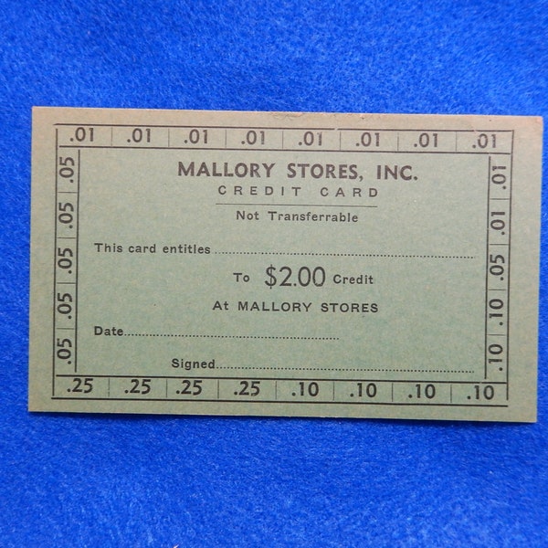 Coal Scrip Unused/Unpunched Credit Card 2 Dollars: Mallory Stores Inc., Mallory West Virginia, Rare,Vintage
