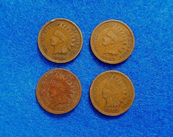 Lot of 4 INDIAN HEAD Cents/Pennies: 1902, 1905, 1907 & 1908 - 4 Diff. Full Dates