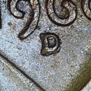 May include: Close-up of a silver coin with the year 1900 and the letter D stamped on it.