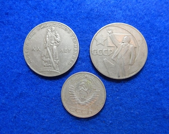 3 USSR RUSSIA Coins: 1965 & 1967 1 Rouble/Ruble + 1964 50 Kopeks,Vintage,Edge Lettering,Ships from USA