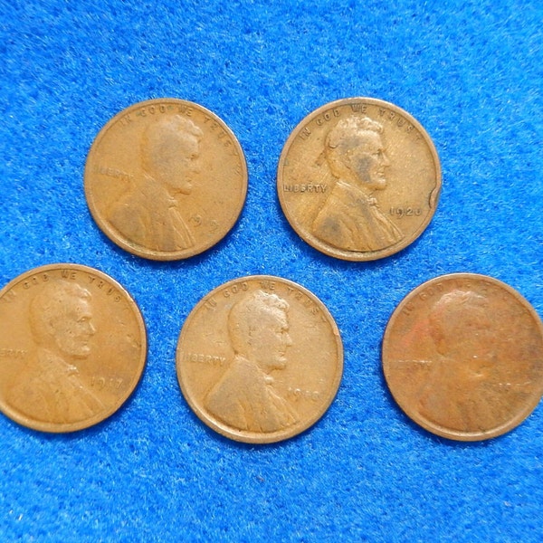 5 Different 1916-1920 Vintage Lincoln Wheat Pennies/Cents