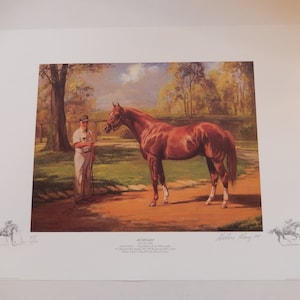May include: A painting of a brown horse named "Secretariat" standing in a field with a man in a white shirt and hat. The painting is signed by the artist, "Helen Stone 86".