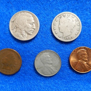 Lot of 5 Popular 20th Century Coins: Buffalo, Wheaties, Indian Head, V Nickel