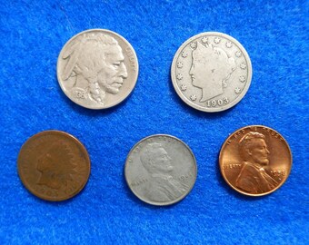 Lot of 5 Popular 20th Century Coins: Buffalo, Wheaties, Indian Head, V Nickel