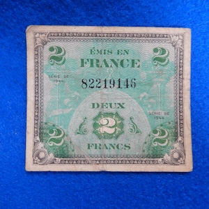 1944 France TWO (2) Francs, Allied Military Currency (AMC), issued by Allied powers during World War II