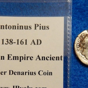 Roman Empire Ancient Silver Denarius Coin, Antoninus Pius 138-161AD, 2.85 grams, 19mm