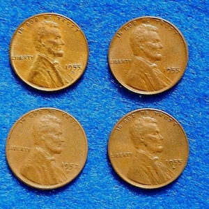 May include: Four copper-colored Lincoln cents dated 1955, each featuring the profile of Abraham Lincoln facing right. The coins are inscribed with the words IN GOD WE TRUST, LIBERTY, and the year 1955, with an S mint mark visible on each coin.