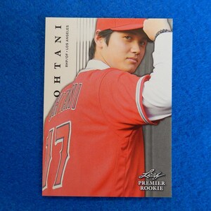 May include: Baseball trading card featuring Shohei Ohtani of the Los Angeles Angels. The card shows Ohtani in a red baseball jersey with the number 17. The card also includes the text "Leaf Premier Rookie".