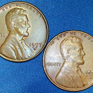ERROR Coins: Lot of 2 1957-D Lincoln Wheat cents with 9 & 5 Die Chip Fills