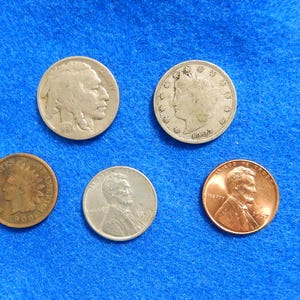 Lot of 5 Popular 20th Century Coins: Buffalo, Wheaties, Indian Head, V Nickel