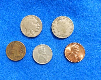 Lot of 5 Popular 20th Century Coins: Buffalo, Wheaties, Indian Head, V Nickel
